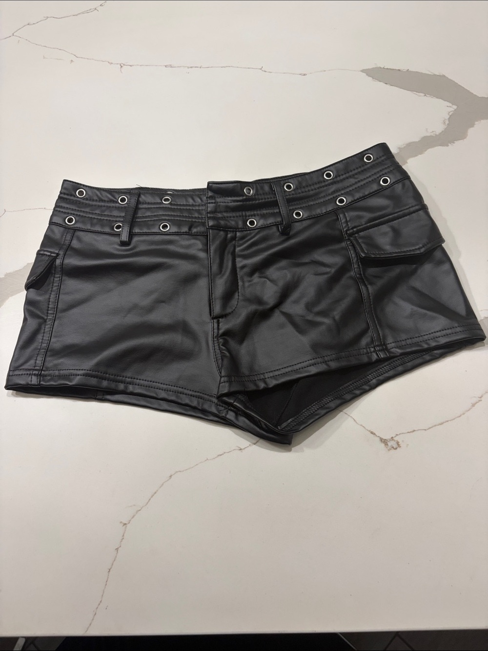 Black Faux Leather Women's Shorts with Grommet Waist